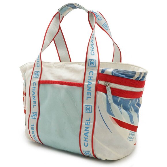 Authentic CHANEL CC Surf Line High Summer Tote Bag Canvas Shoulder Bag Blue - Picture 2 of 8